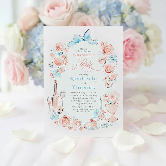 Invitation Whimsical Floral Hand Drawn Bow Engagement Party