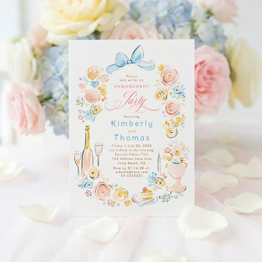 Invitation Whimsical Floral Hand Drawn Bow Engagement Party