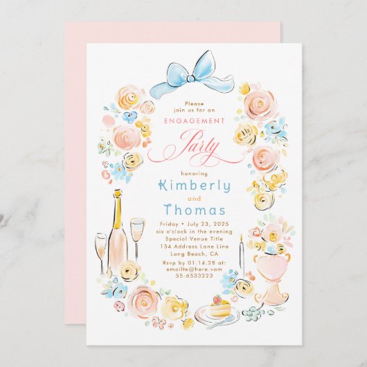 Invitation Whimsical Floral Hand Drawn Bow Engagement Party (Devant / Derrière)