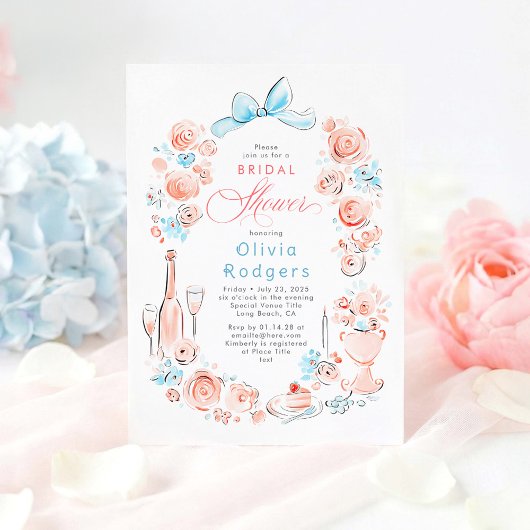 Invitation Whimsical Floral Hand Drawn Chic Bow Bridal Shower