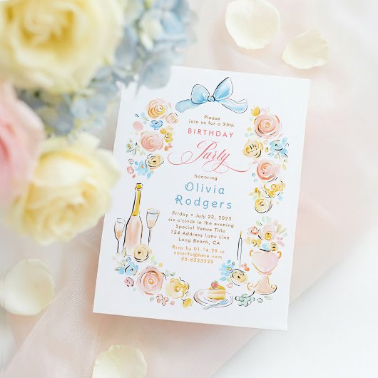 Invitation Whimsical Floral Hand Drawn Coquette Bow Birthday