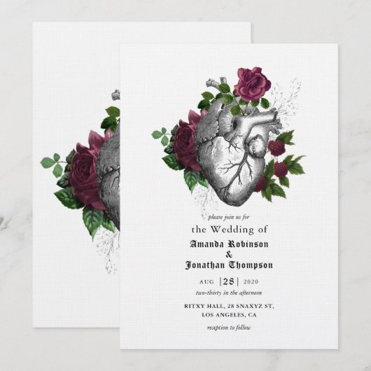Invitation Whimsical Floral Heart Halloween Mariage gothique (Devant / Derrière)