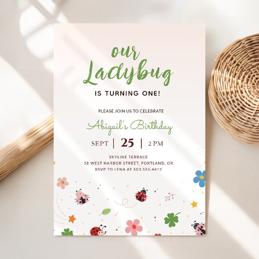 Invitation Whimsical Floral Red Cute Bug Ladybug 1st Birthday