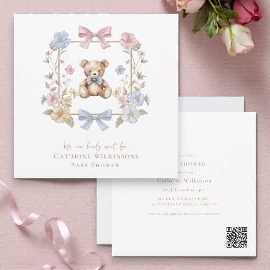 Invitation Whimsical Floral Teddy Bear Baby Shower QR code