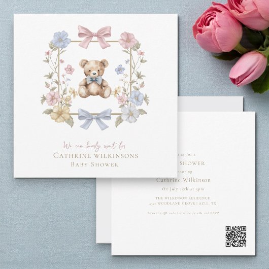 Invitation Whimsical Floral Teddy Bear Baby Shower QR code