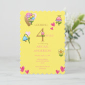 Invitation Whimsical Floral Yellow 4th Birthday Party (Debout devant)