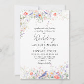 Invitation Whimsical Flowers & Blue Birds Watercolor Wedding (Devant)