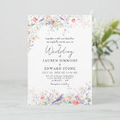 Invitation Whimsical Flowers & Blue Birds Watercolor Wedding (Debout devant)