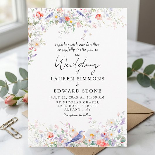 Invitation Whimsical Flowers & Blue Birds Watercolor Wedding