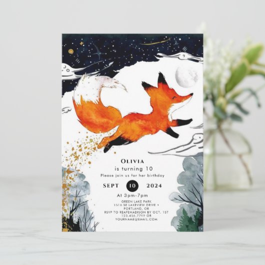 Invitation Whimsical Fun Fox anniversaire (Debout devant)