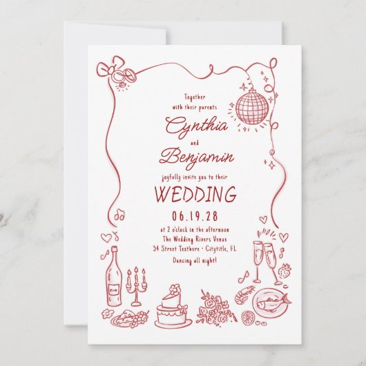 Invitation Whimsical Funky Hand Drawn Burgundy Retro Wedding (Devant)