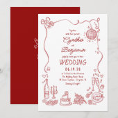 Invitation Whimsical Funky Hand Drawn Burgundy Retro Wedding (Devant / Derrière)