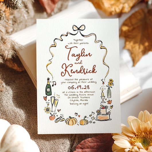 Invitation Whimsical Funky Hand Drawn Doodles Fall Wedding