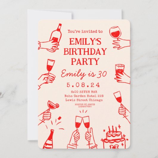 Invitation Whimsical Funky Quirky main Dessin Anniversaire (Devant)