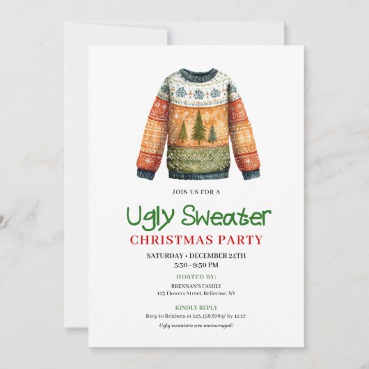 Invitation Whimsical Funny Ugly Sweater Holiday Design (Devant)