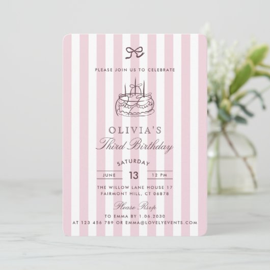Invitation Whimsical, gâteau d'anniversaire, Bow rose & Strip (Debout devant)