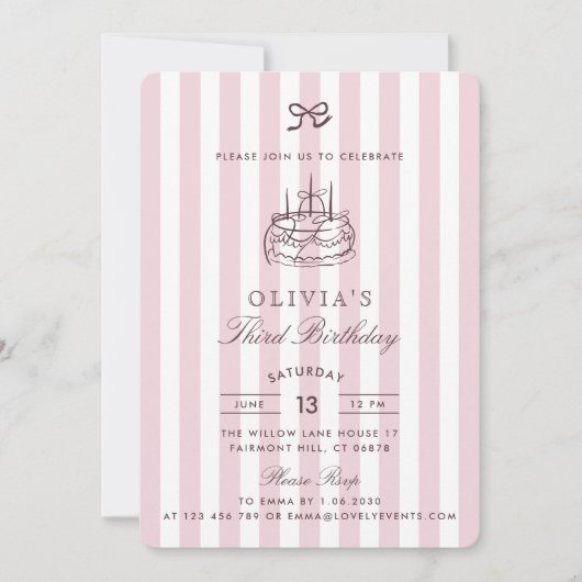 Invitation Whimsical, gâteau d'anniversaire, Bow rose & Strip (Devant)