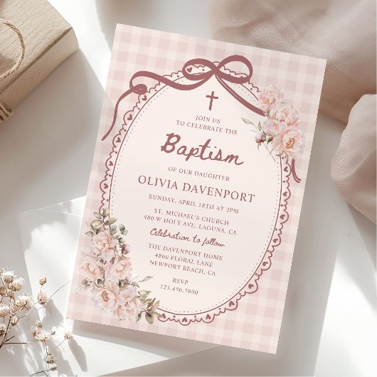 Invitation Whimsical Gingham Blush Pink Floral Girl Baptism