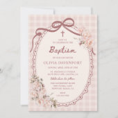 Invitation Whimsical Gingham Blush Pink Floral Girl Baptism (Devant)