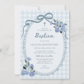 Invitation Whimsical Gingham Dusty Blue Floral Boy Baptism (Devant)