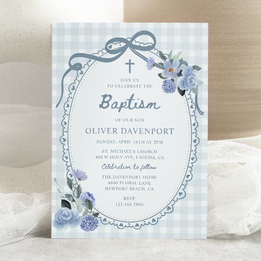 Invitation Whimsical Gingham Dusty Blue Floral Boy Baptism
