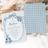 Invitation Whimsical Gingham Dusty Blue Floral Boy Baptism