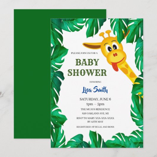 Invitation Whimsical Giraffe Baby shower Safari (Devant / Derrière)