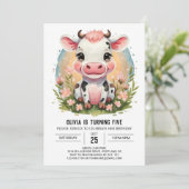 Invitation Whimsical Girl Rose Cow Anniversaire (Debout devant)