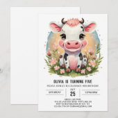 Invitation Whimsical Girl Rose Cow Anniversaire (Devant / Derrière)