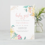Invitation Whimsical Gold Blush rose Floral Baby shower fille (Debout devant)