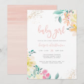 Invitation Whimsical Gold Blush rose Floral Baby shower fille (Devant / Derrière)
