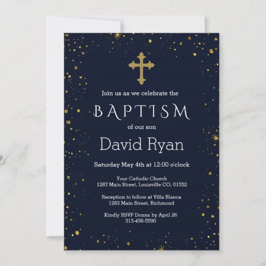 Invitation Whimsical Gold Starry Night Boy Baptême (Devant)
