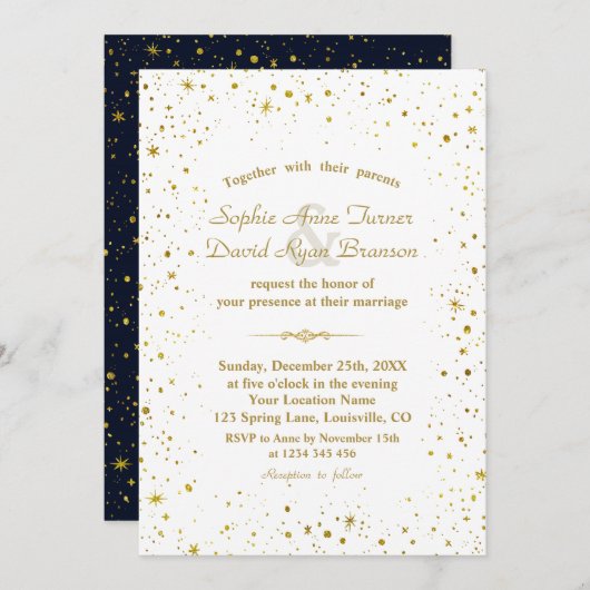 Invitation Whimsical Gold Starry Night Mariage bleu marine (Devant / Derrière)