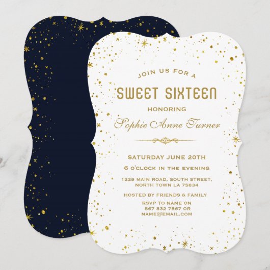 Invitation Whimsical Gold Starry Night Sweet 16 (Devant / Derrière)