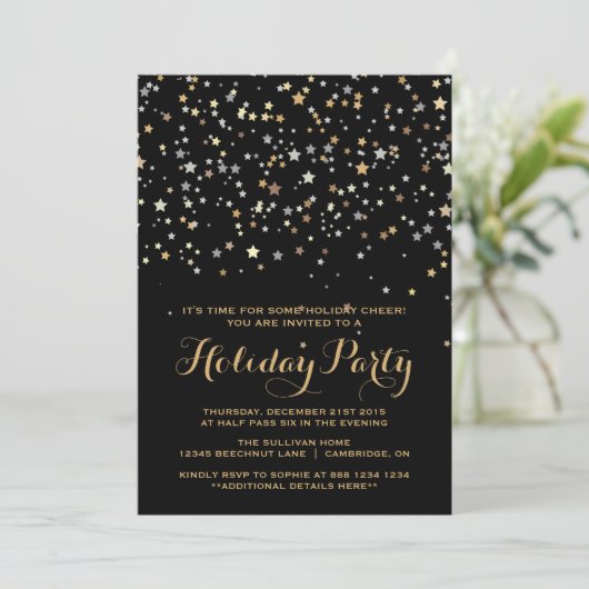 Invitation Whimsical Gold Stars Confetti Fête de Vacances (Debout devant)