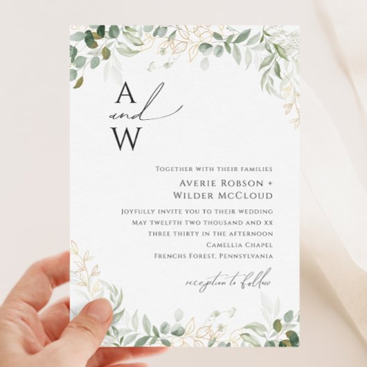 Invitation Whimsical Green et Mariage de Monogramme Or