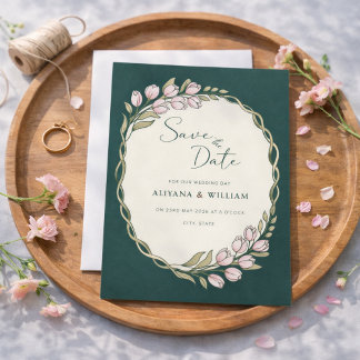 Invitation Whimsical Green Floral Border  Save The Date