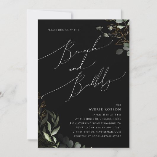 Invitation Whimsical Greenery Gold Black Brunch et Bubbly (Devant)