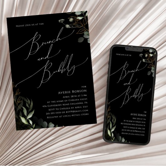 Invitation Whimsical Greenery Gold Black Brunch et Bubbly