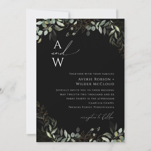 Invitation Whimsical Greenery Mariage Monogramme noir et or (Devant)
