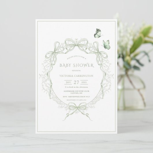 Invitation Whimsical Greenery Vintage Bows Baby Shower (Debout devant)