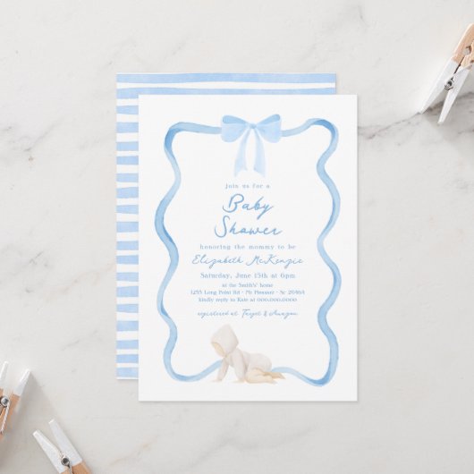 Invitation Whimsical Hand Drawn Blue Bow Boy Baby Shower (Devant/Arrière en situation)