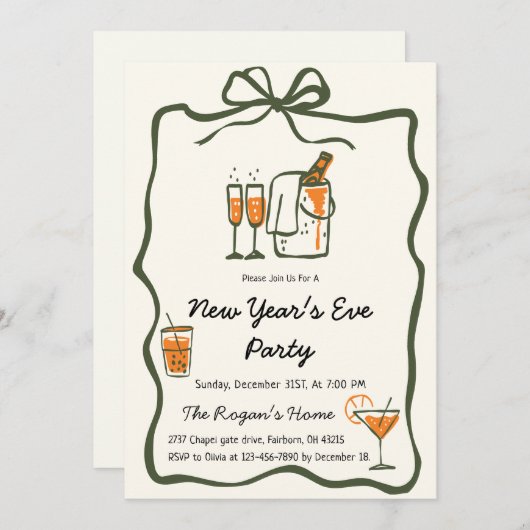 Invitation Whimsical Hand Drawn Bow Frame New Year Eve Party (Devant / Derrière)