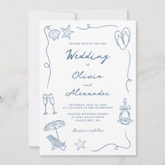 Invitation Whimsical Hand Drawn Coastal Blue Beach Wedding (Devant)