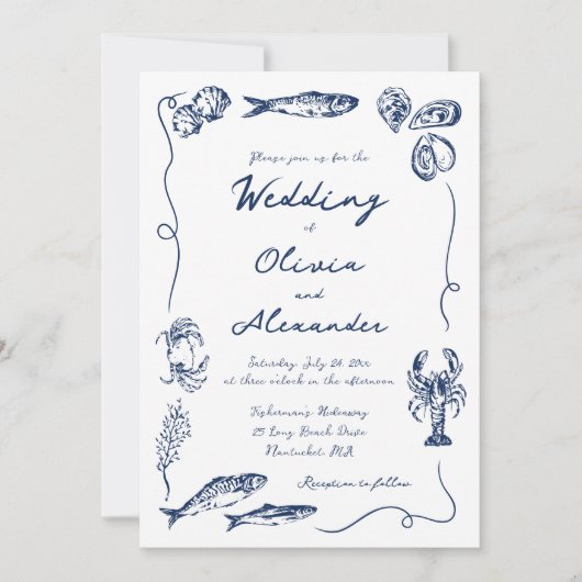 Invitation Whimsical Hand Drawn Coastal Navy Blue Wedding (Devant)