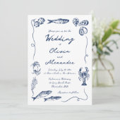 Invitation Whimsical Hand Drawn Coastal Navy Blue Wedding (Debout devant)