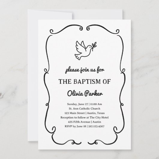 Invitation Whimsical Hand-Drawn Dove | Baptism (Devant)