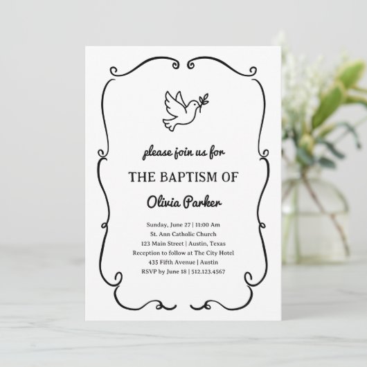 Invitation Whimsical Hand-Drawn Dove | Baptism (Debout devant)