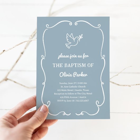 Invitation Whimsical Hand-Drawn Dove Blue | Baptism