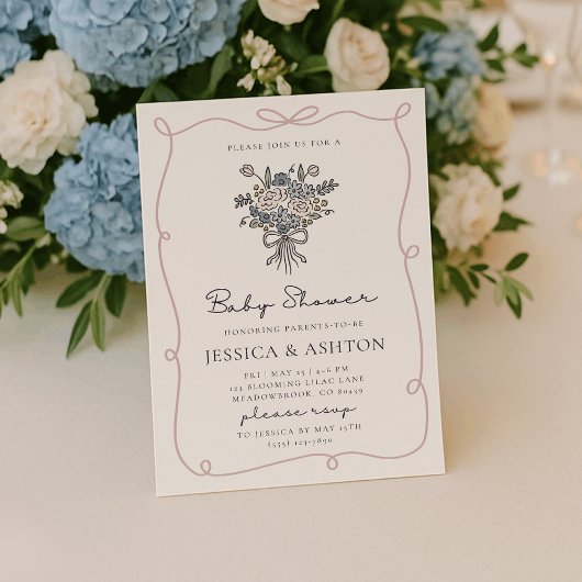 Invitation Whimsical hand-drawn flowers and frame baby shower